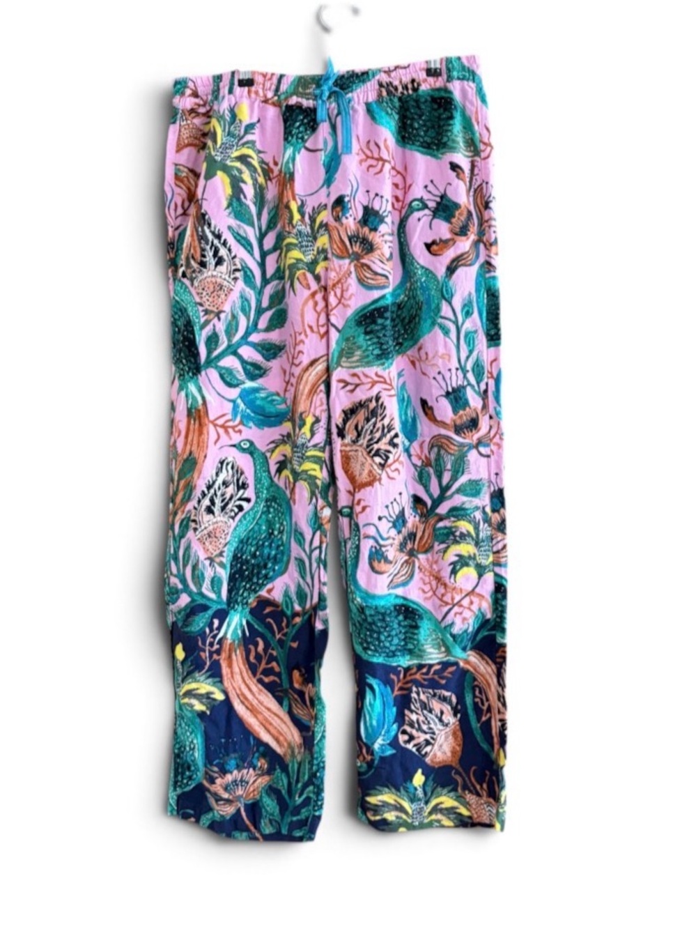 Anthropologie Raphael Balme Pink & Teal Peacock Print Pajama Pants